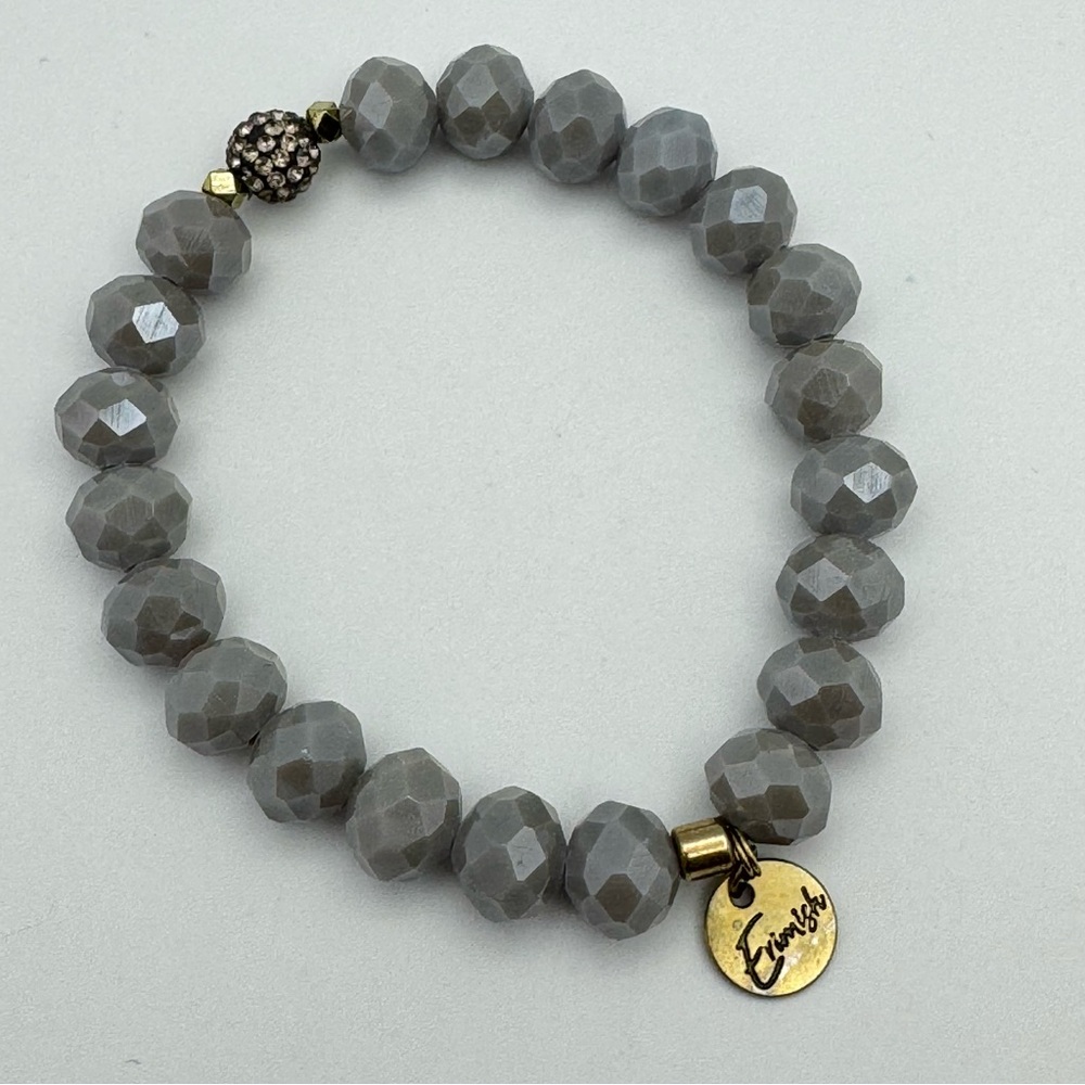 Erimish Gray Faceted Glass Bead Stretch Bracelet Gold Tone Charm